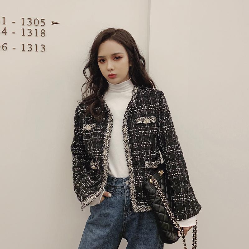 

Short woolen coat female 2020 autumn and winter jacket women elegant ladies rough tweed small fragrance suit coat cardigan W871, Black