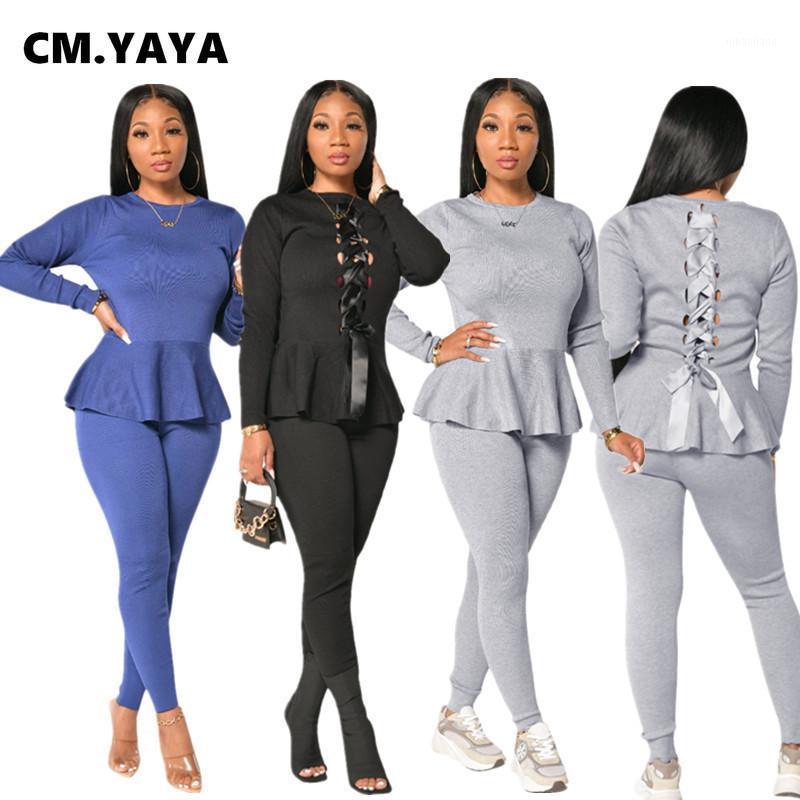 

CM.YAYA Streetwear Women' Set Back Tie Up Tops Legging Pants Suits Tracksuit Matching Two Piece Sets Fitness Sexy Night Outfit1, Blue