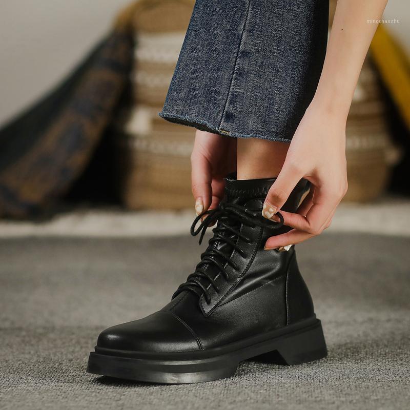 

High Quality Stretch Leather Short Boots Round Toe Lace-Up Western Ankle Boots for Women Women Shoes Pure Handmade Customization1, Black leather