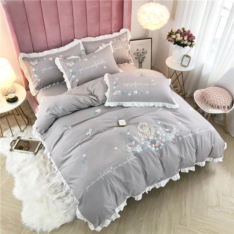 

Princess Style Pure Cotton Velvet 4pcs Duvet Cover Bed Sheet Pillowcases Embroidery Ruffles Light Grey Green Purple Queen King1, 10