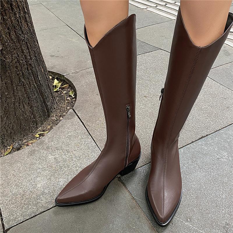

2020 New Cow Leather Western Style Mid-Calf Riding Boots V Tube Pointed Toe Zip Women Shoes Fall Winter Thick Heel Equestrian, Black