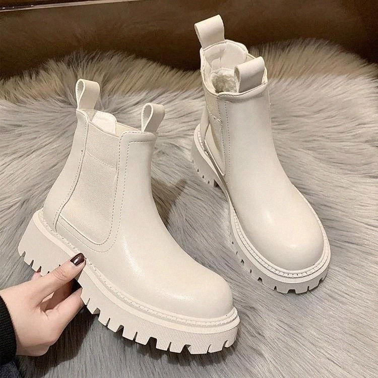 

2021 New Chunky Boots Fashion Platform Women Ankle Female Sole Pouch Ankle Botas Mujer Round Toe Slip-On Botas Altas Mujer #OZ1d, Beige