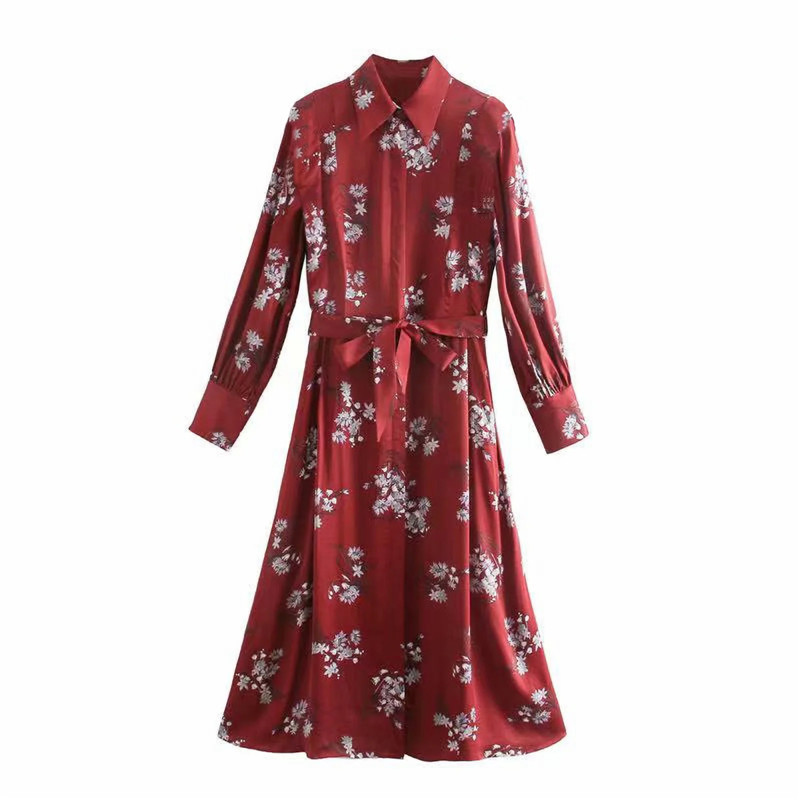 

Red Floral Print Shirt Midi Dress Women Winter Vintage Belt A-line Long Sleeve Elegant Party Dresses for New Year 2021 Xxur