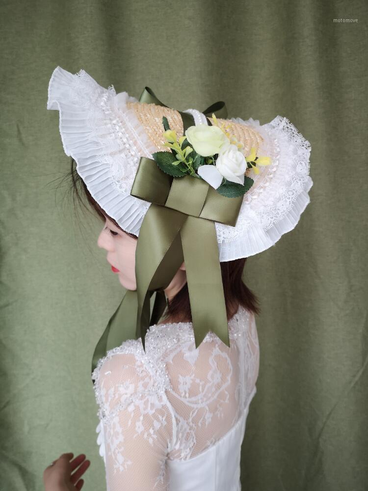 

2020 Lolita Vintage Straw Hat Green Ribbon Bonnet Straw Lace Fascinator Hat Flower Headdress Costume Fancy Show Women Headwear1, As photo
