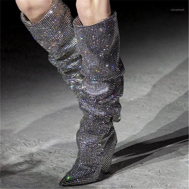 

Black& Street 2020 Luxury Hard working Handmade Brilliant Crystal Knee High women Boots Pleated style Genuine Leather Sock boots1