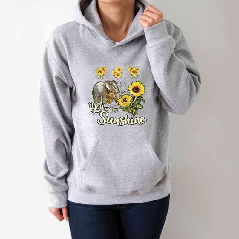 

You Are My Sunshine Elephant Sunflower Printed Hoodies Women Fleece Long Sleeve Sweatshirt with Hat Girls Women Hoodie Pullovers, Black