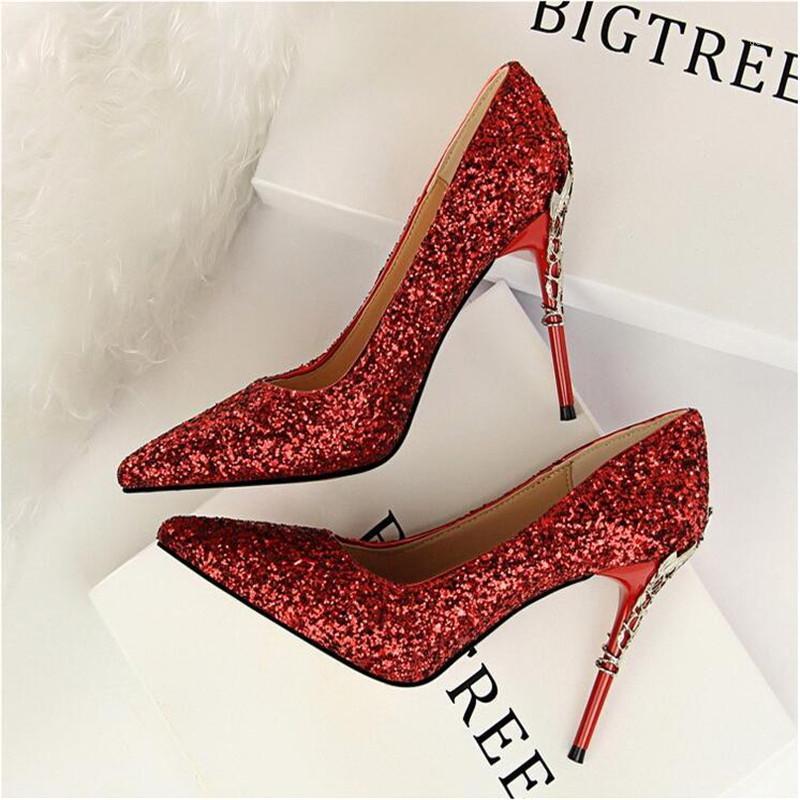 

2021 New Elegant Metal Carved Heel Shallow Women Pumps Sequined Cloth Pointed Toe High Heels Shoes Fashion Women's Wedding Shoes1, Black