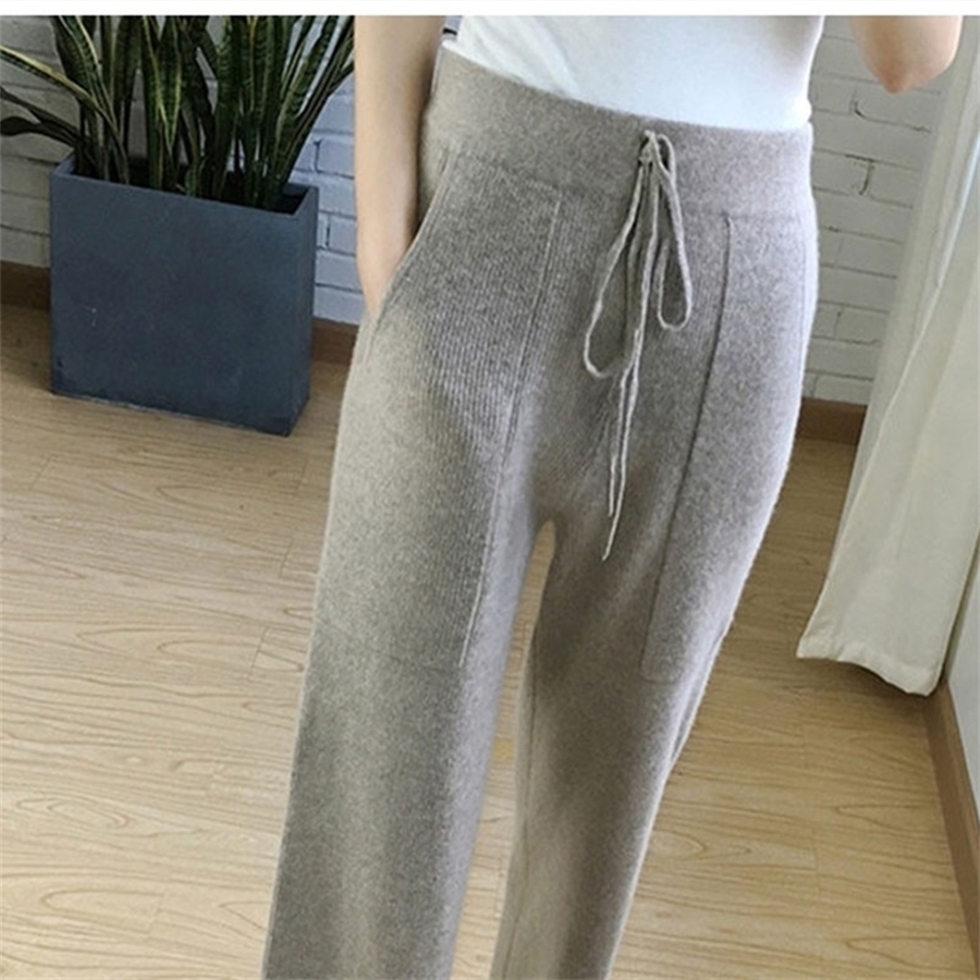 

Autumn and winter new soft and comfortable cashmere trousers women' pure knit wide leg pants casual loose wool knit pants women 201118, Black