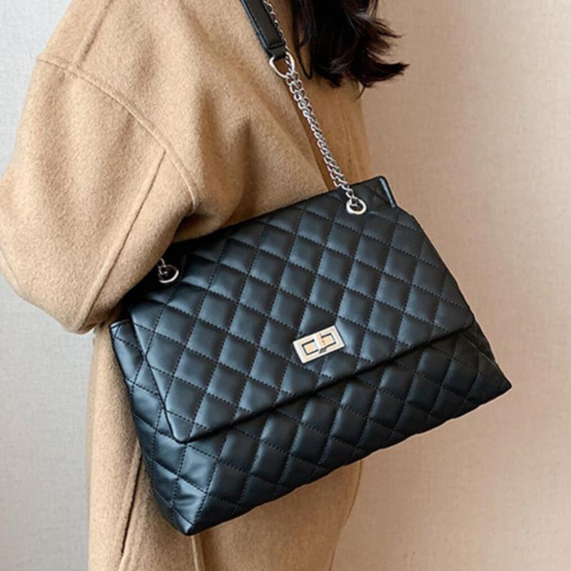 

Lattice Large Tote Bag 2021 Fashion New High-quality PU Leather Women's Designer Bag High Capacity Shoulder Messenger, Black