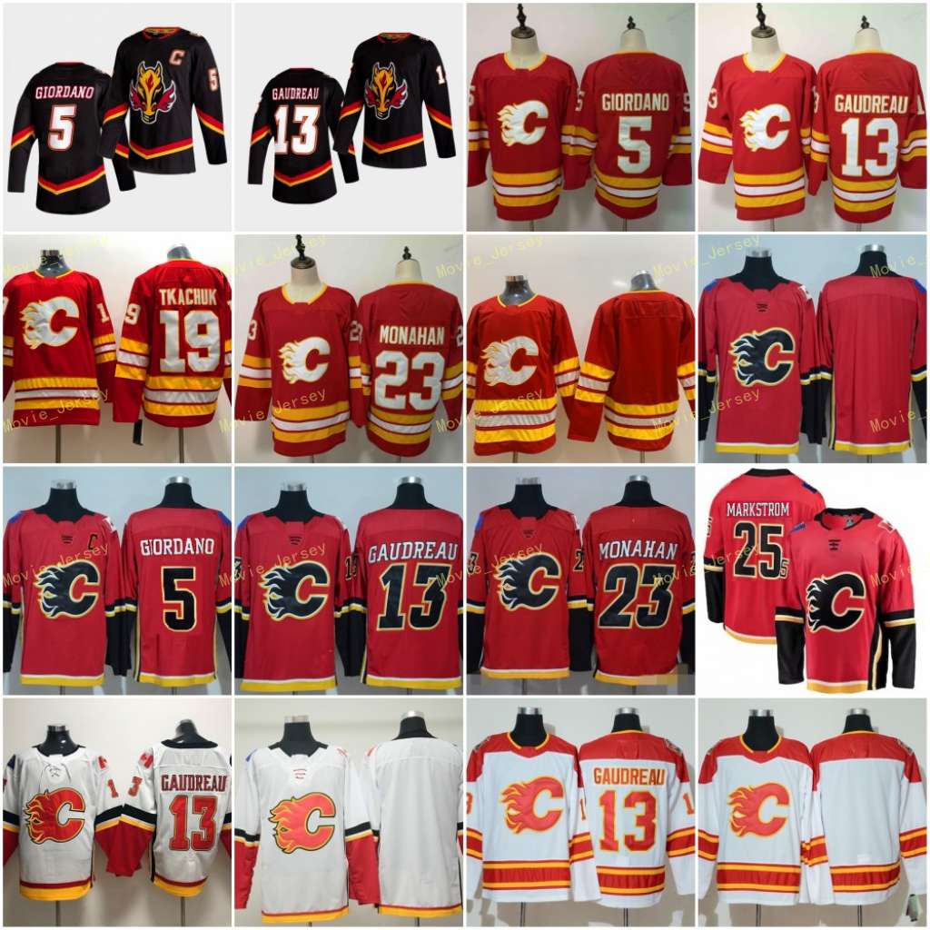 

Calgary Flames 2021 Reverse Retro 25 Jacob Markstrom Hockey Jersey 19 Matthew Tkachuk 13 Johnny Gaudreau 5 Mark Giordano 23 Sean Monahan, Black;red
