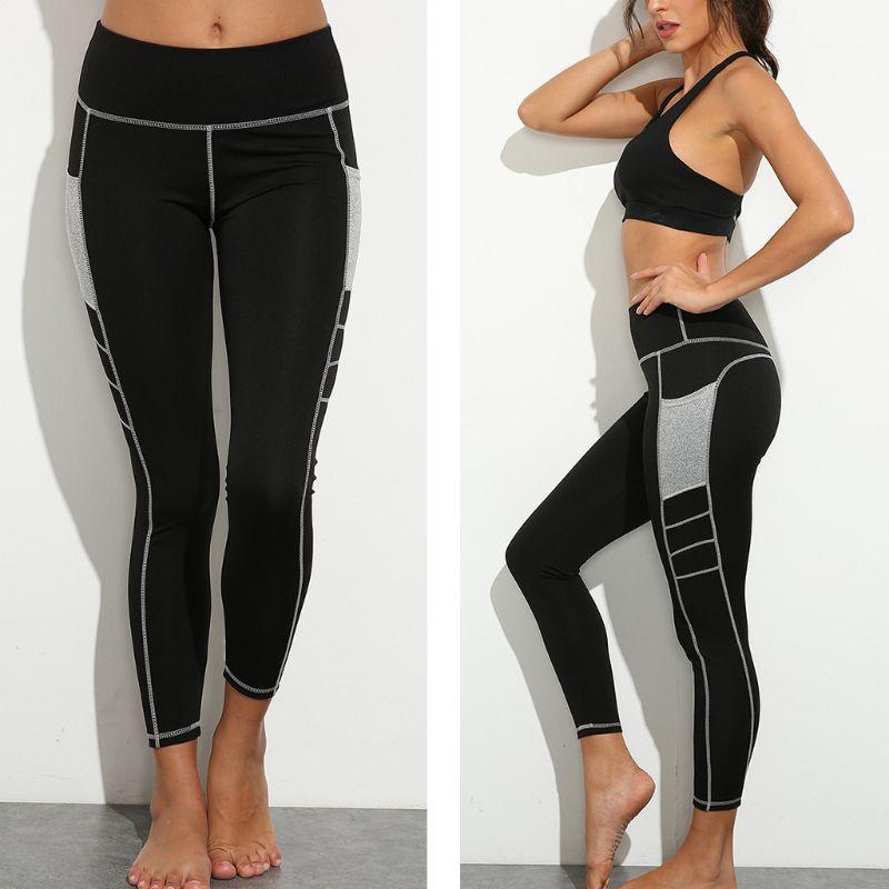 

Women Pocket Yoga Leggings High Waist Tummy Control Color Block Running Tights NEW1, Black