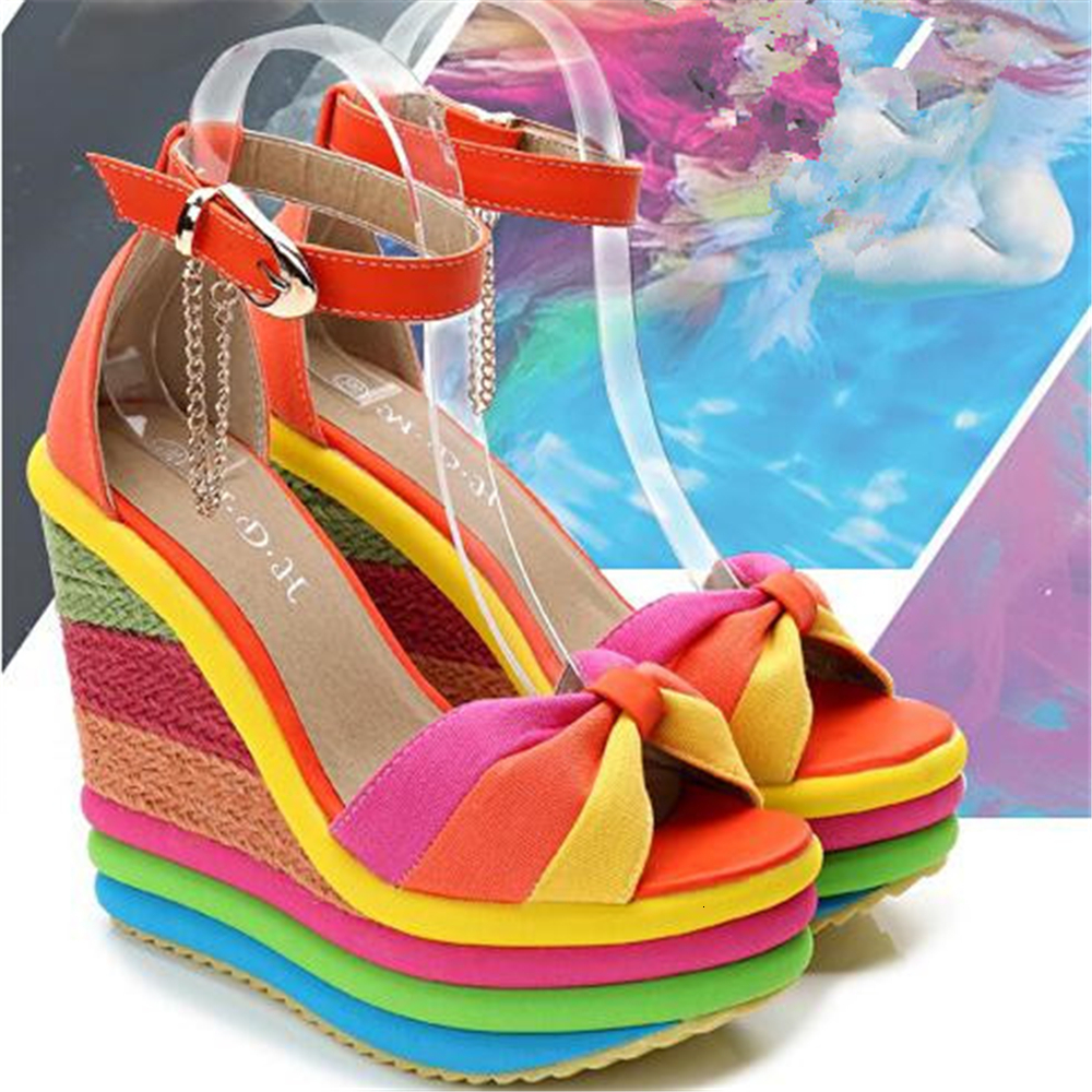 

2021 New Summer Sandals Rainbow-colored Bowknot Colors Hemp Women's Bottom Buckle Ladies Shoes J5EG, A2