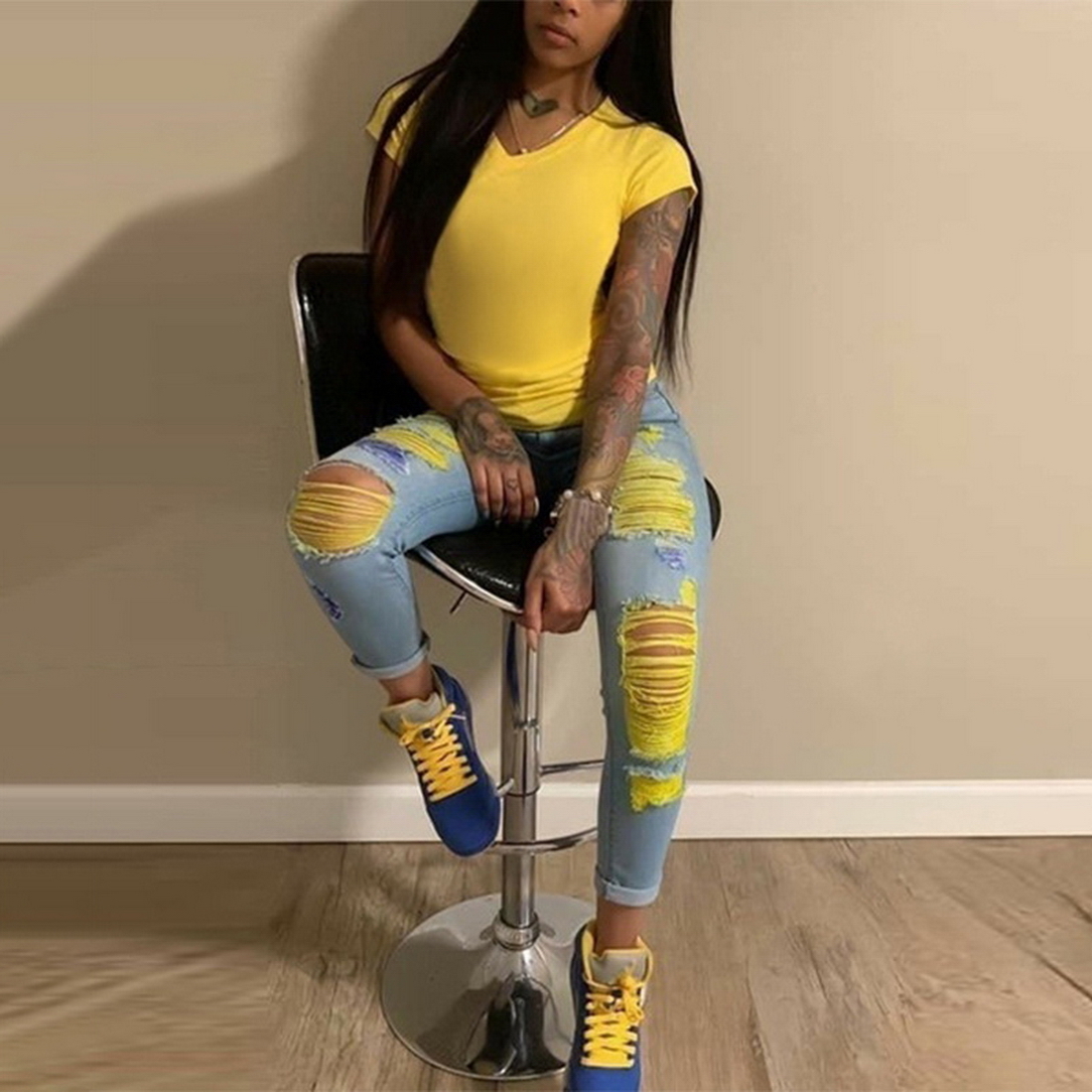 

CYSINCOS 2020 Summer Denim Pants Women Retro Solid Sexy Hole Jeans Ripped Pencil Trousers Street Skinny High Waist Lady Pants, Color 7