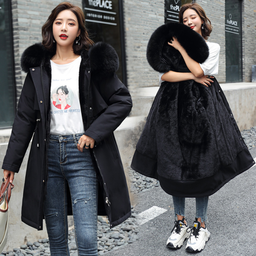 

2020 Down Jacket Women New Cotton Liner Winter Parka Coat Parker Fashion Adjustable Waist Fur Collar Medium Long Hooded, Black