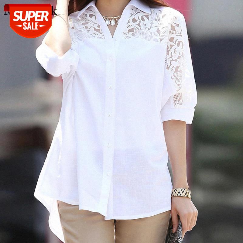 

New Summer Short Sleeve Cotton White Women Blouse Tops V-neck Plus Size Blouses Women Casual Lace Button Female Shirts 2589 50 #AP2G