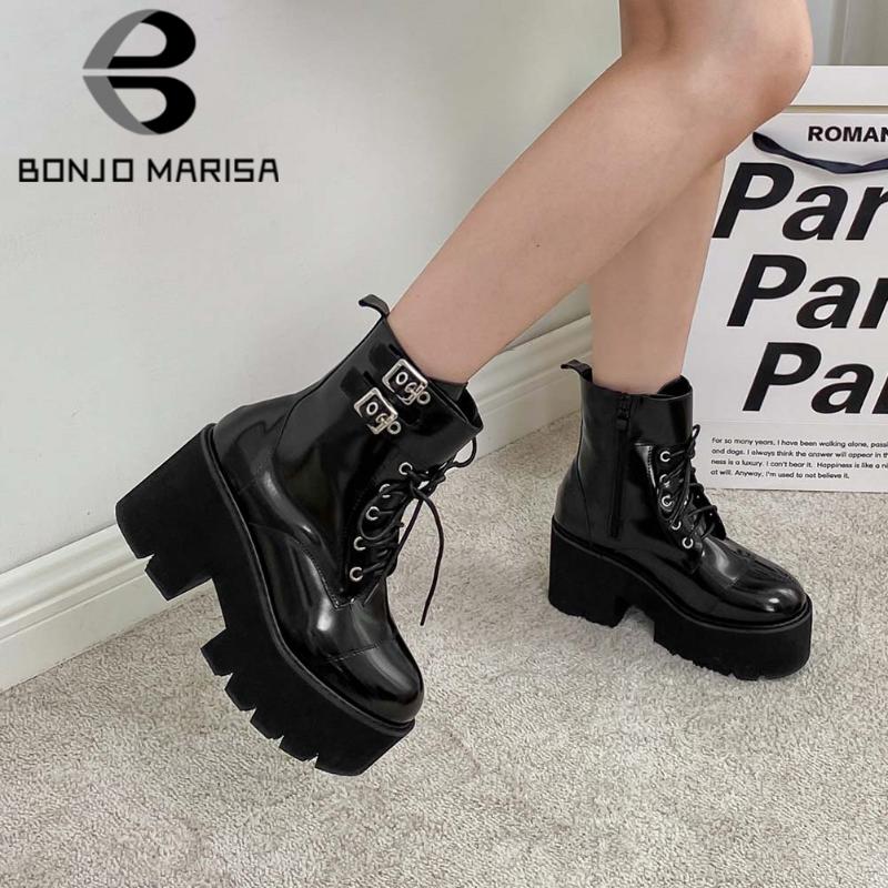 

BONJOMARISA New Arrival Ladies Boots Lace Up Zipper Square High Heel Motorcycle Boots Women Platform Buckle Stylish Shoes Woman, Black