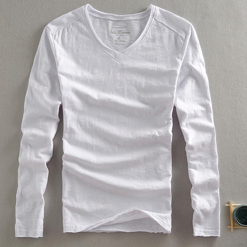 

2020 Spring New Melange T-Shirt Men Solid Tops Cotton V-neck White T shirt High Quality Long Sleeve Tees Y2597, Black