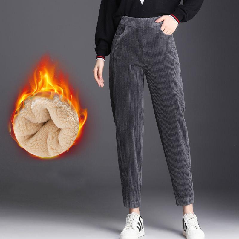 

Hot Trend Women Pants Casual Thick Warm Pants Female Autumn Winter Loose Elastic Waist Corduroy Pant Ladies Velvet Warm, Black