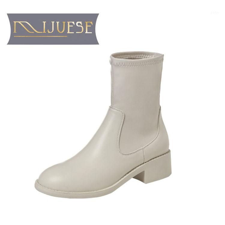 

MLJUESE 2021 women Ankle boots Cow leather winter short plush Round Toe Med heels female boots size 391, Beige