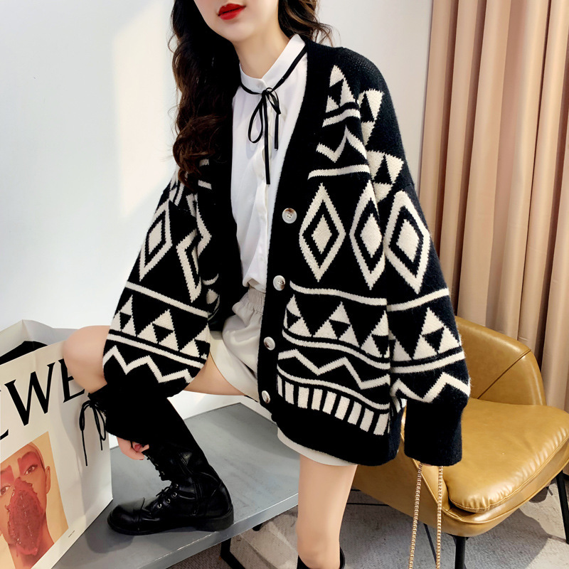 

2021 New Foreign-style geometry diamond cardigan mesh for women autumn busy wintertime wear jacket medium length VZ83, Red