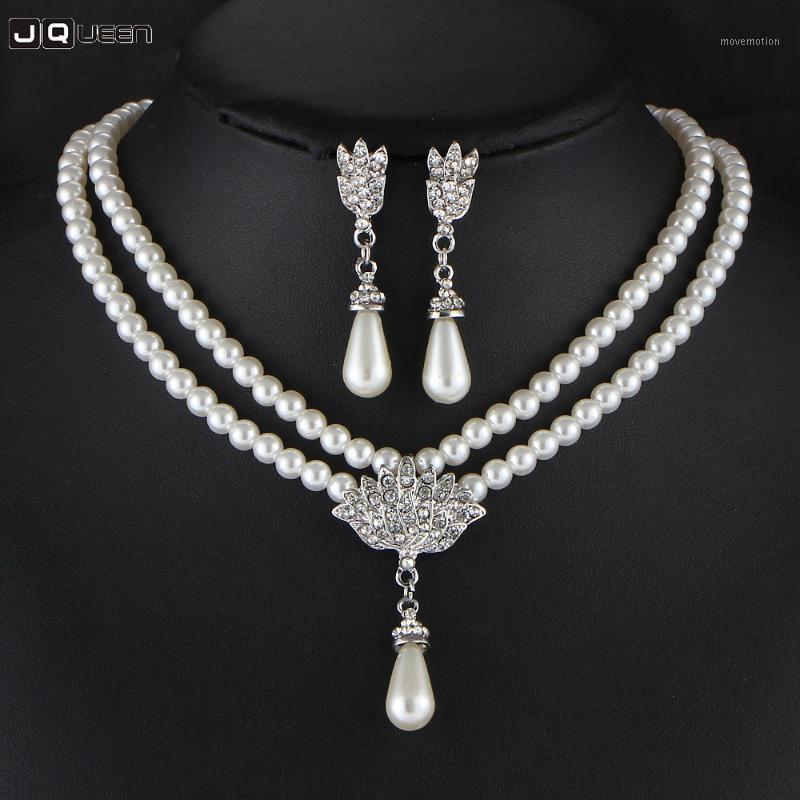 

2 Layer Crystal Elegant Women Jewelry Set Wedding Bride Imitation Pearl Short Clavicle Necklaces Earrings Set Lady Jewelry1, As pic