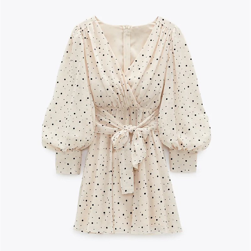 

2021 New Woman Polka Dot Mini Dress Long Sleeve V-neckline Zip Fastening White Women' Dresses for Summer S5pt