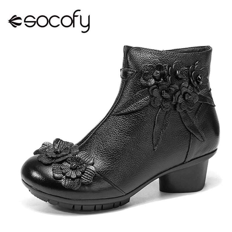 

Socofy Vintage Flower Ankle Boots Women Shoes Genuine Leather Boots For Women Casual Zipper Winter Shoes Woman Retro Botas Mujer, Grey