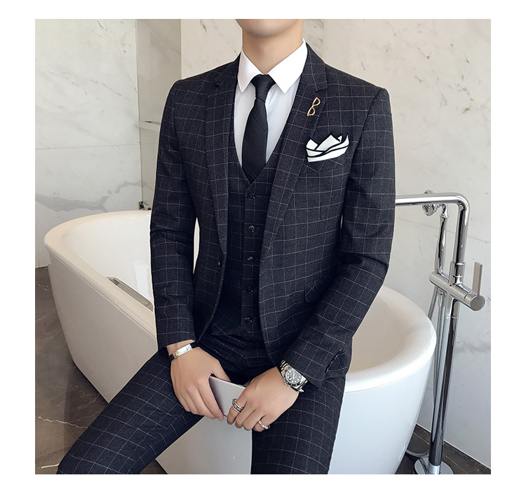 Korean version of slim British plaid men's wedding dress suit suit groom best man plus size three-piece suit