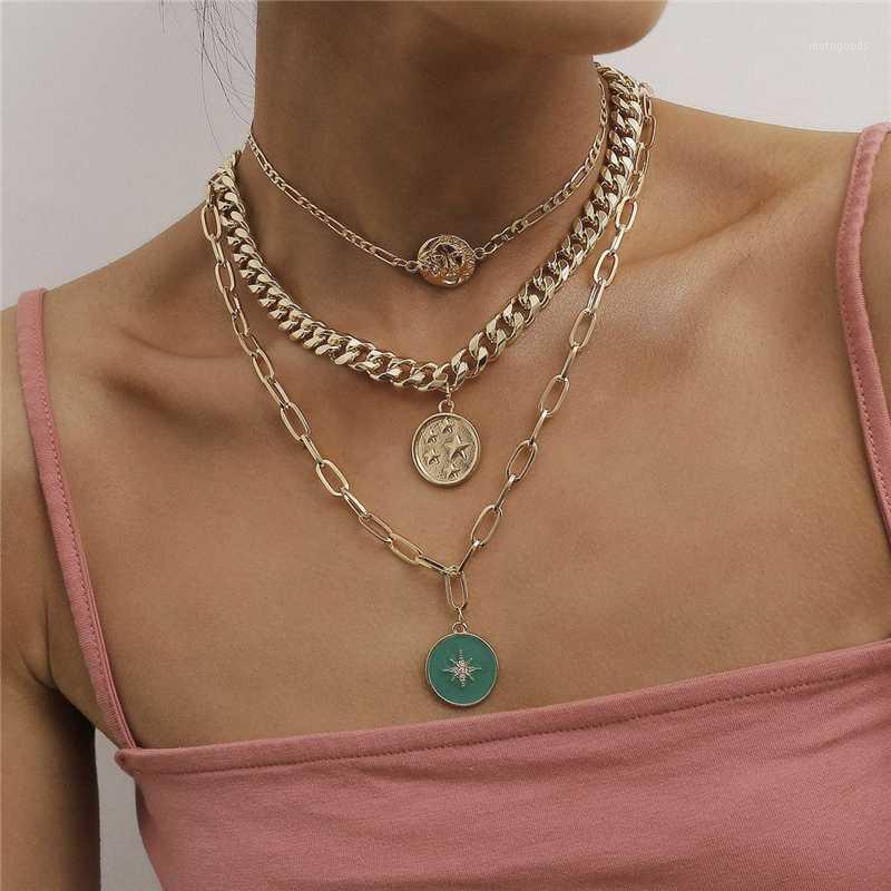 

Luokey Vintage Layered Cuban Link Chain Chunky Pendants Necklaces For Women Round Coin Hexagram Star Necklace Lady Party Jewelry1