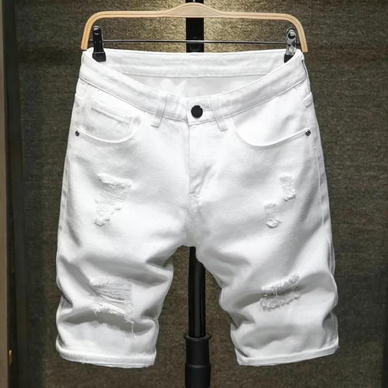 

2020 Summer New Fashion Casual Slim Fit Ripped Retro Short White Jeans Male, Ivory