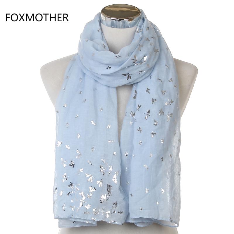

FOXMOTHER 2020 New Design Womens Fashion Shiny Foil Silver Sky Blue Pink Grey Dragonfly Hijab Scarf Shawls