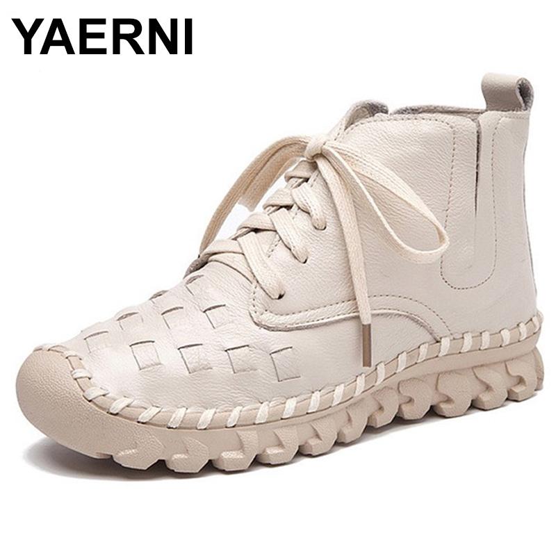 

YAERNI Women's Boots Genuine Leather Short Plush Warm Winter Ladies Shoes Ankle Boots For Women Lace Up Woman Boot E355, Beige autumn