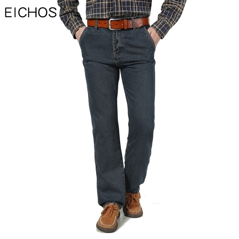 

100% Cotton Fabric Jeans Men Black Blue Men Jeans Straight Denim Overalls High Waist Autumn Winter Thick Classic Trousers Men 201111