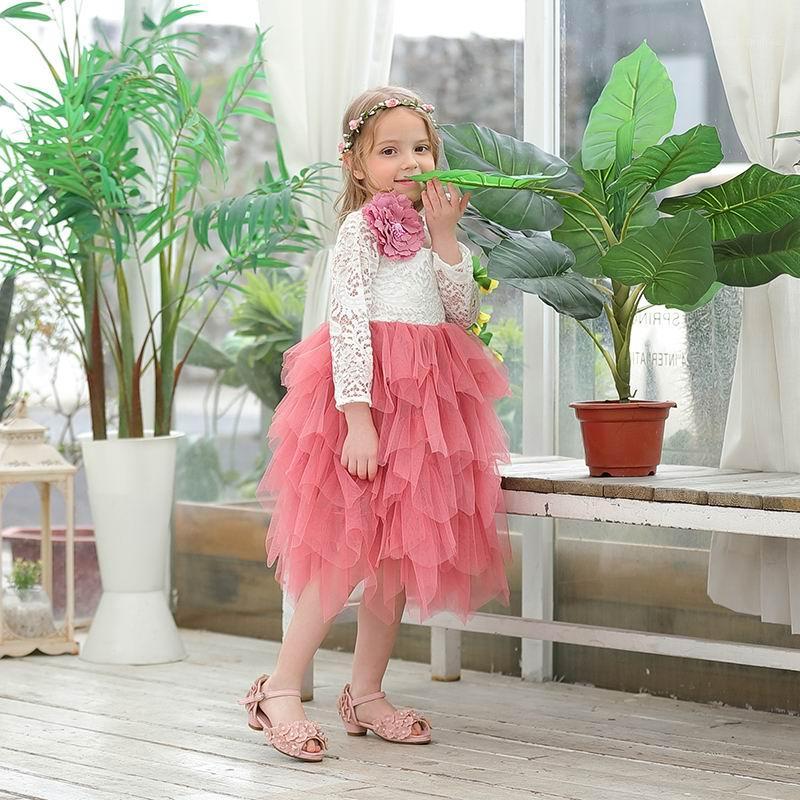 

Wholesale Girls Lace Dress Flower Tiered Tulle Maxi Dress Long Sleeve Princess For Wedding Party Children Clothes 1-8Y E171041, Pink with belt