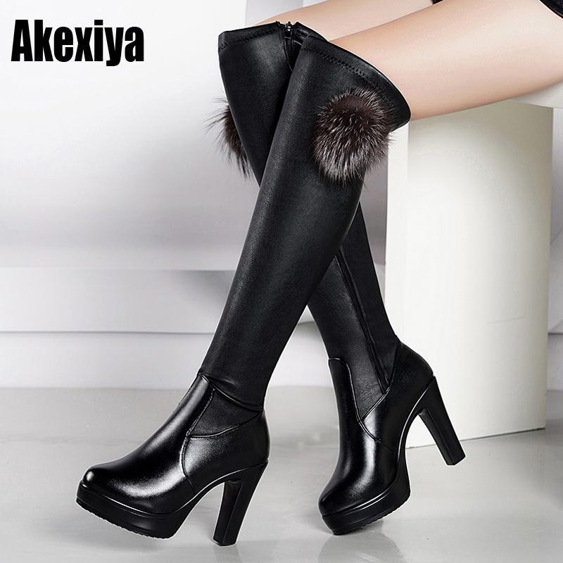 

Women Ladies Round Toe Platform Boots High-Heeled Over the knee Waterproof Over Faux fur High chaussures Fashion party size 401, Black