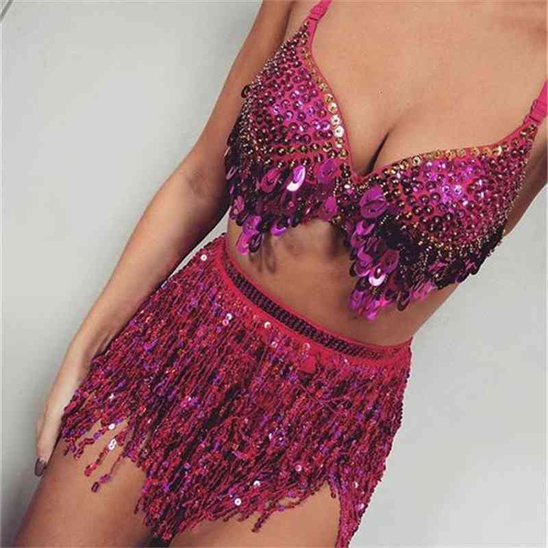 

Belly Dance Skirt Latin Sequin Halter Top Bra Belt Hip Skirt Set Sexy Party Costume Tassel Temptation Stage Performance, Black