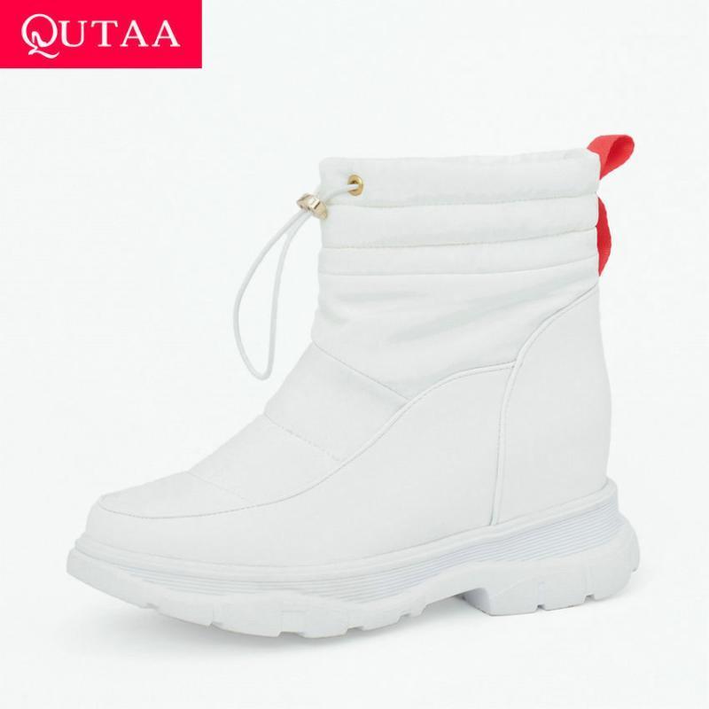 

QUTAA 2021 Down PU Leather Ankle Boots Keep Warm Plush Winter Snow Boots Wedge Heel Casual Round Toe Women Shoes Big Size 34-431, Black