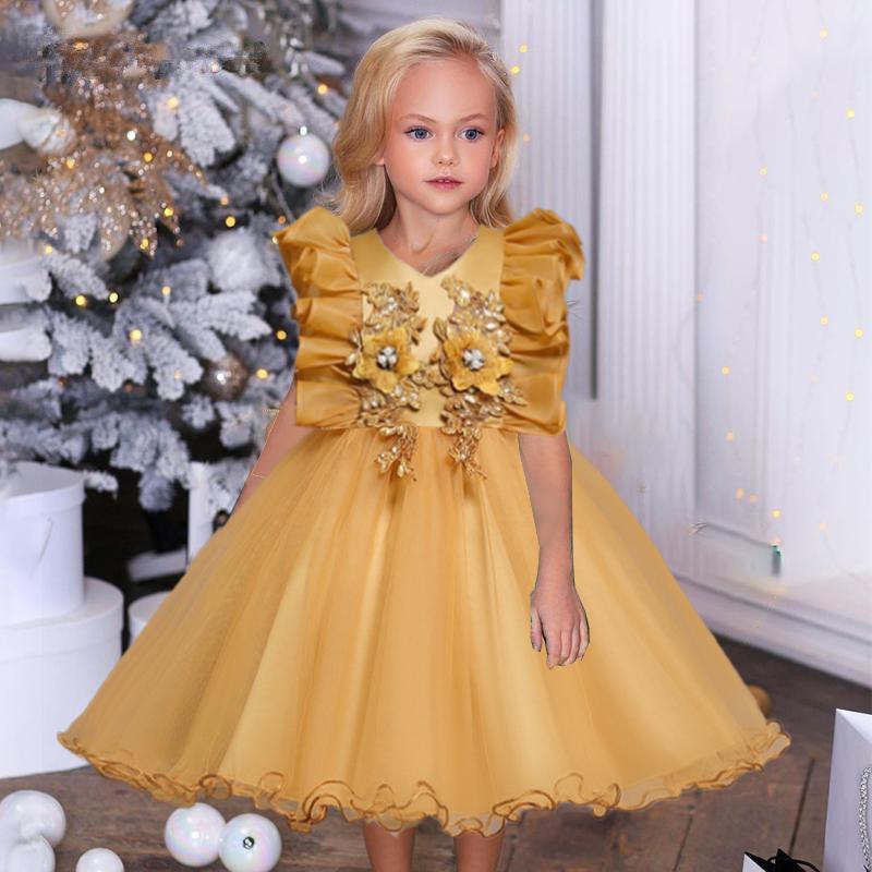 

Girl's Dresses Girls Princess Dress Flower Lace Tulle Wedding Party Tutu Fluffy Gown For Children Kids Evening Formal Pageant Clothes Vestid, Red;yellow
