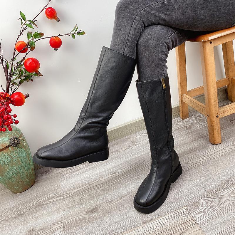 

YourSeason Genuine Leather Zip Ladies Shoes Round Toe Flat With Sewing Handmade Concise Leisure Women Winter Platform Long Boots, Black