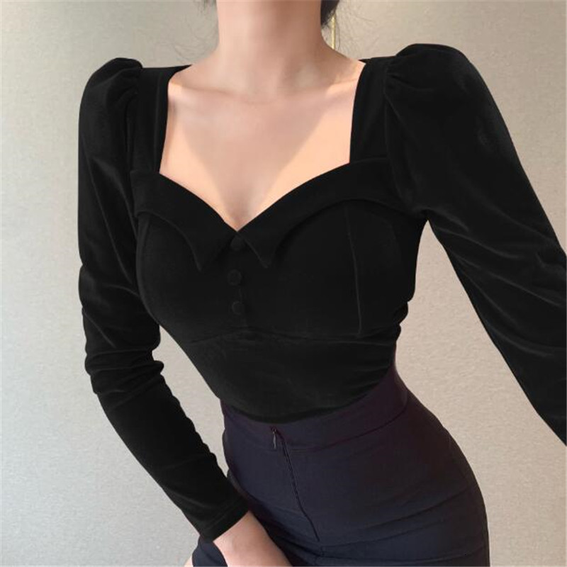 

Fashion Women T-shirt Spring New Velvet 2021 Sexy Casual V-neck Korean T Shirt Elegant Slim Women Puff Sleeve T Shirt Streetwear WLDN
