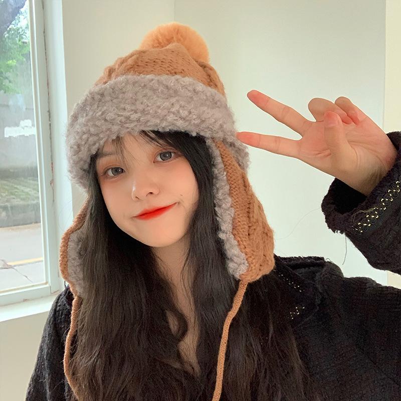 

Hat Women's Autumn/winter Knitted Cute Ear Protection Hair Ball Wool Hat Plus Velvet Thick Lei Feng, Black