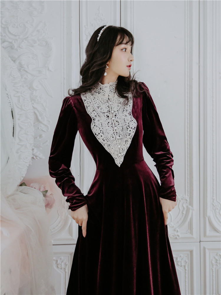 

Woman Dressed in Party Night Burgundy Woman' Vintage Velvet Long Elegant Sleeve Full Ankle Length Dress 2021 Spring 93oa, Blue