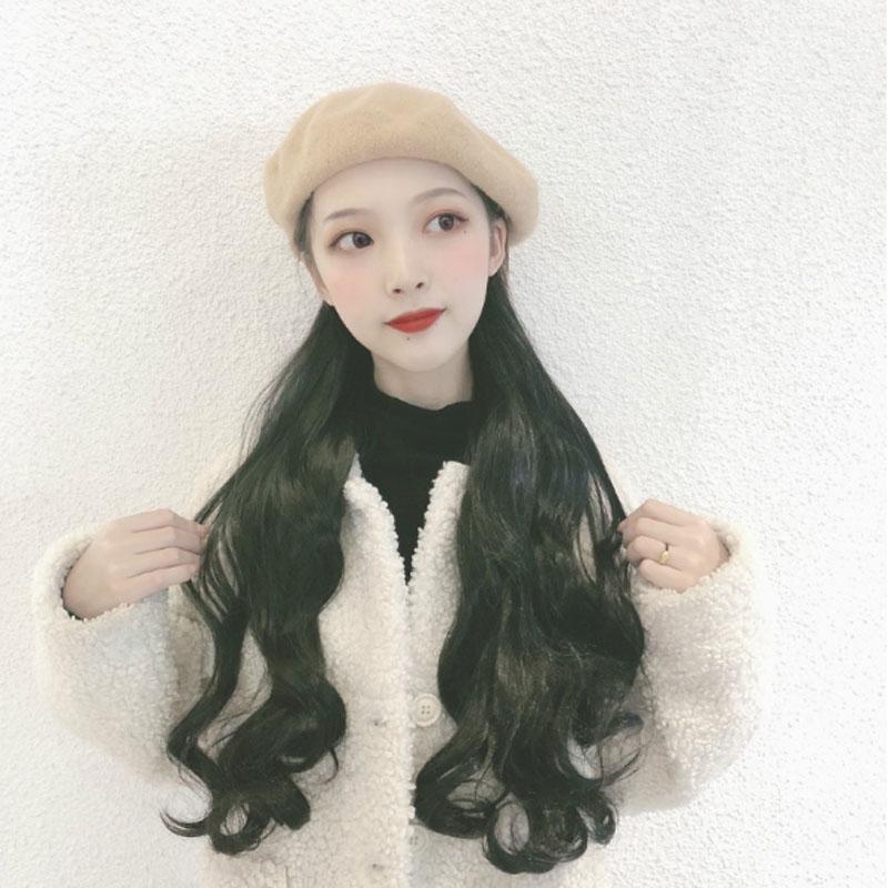 

Fashion one-piece intergrated women's long loose body synthetic hair wig and wool berets one piece1, K cap light brown