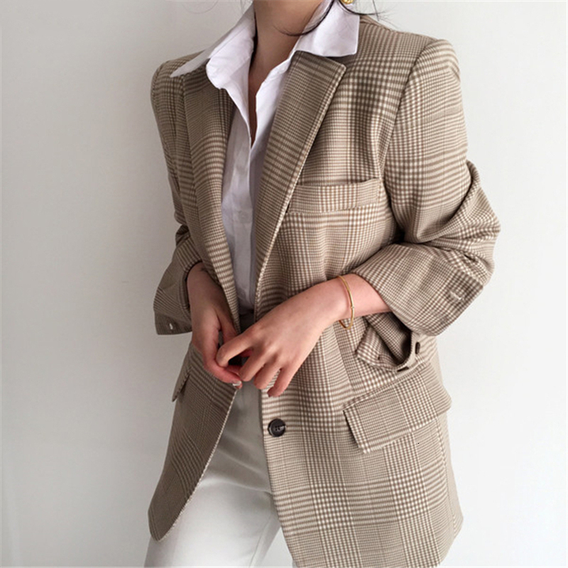 

2021 New Female Autumn Blazers Chess Buttons Pocket Vintage Jackets Carve Fashion Wild Tops Jk3511 VXD8, Light brown.