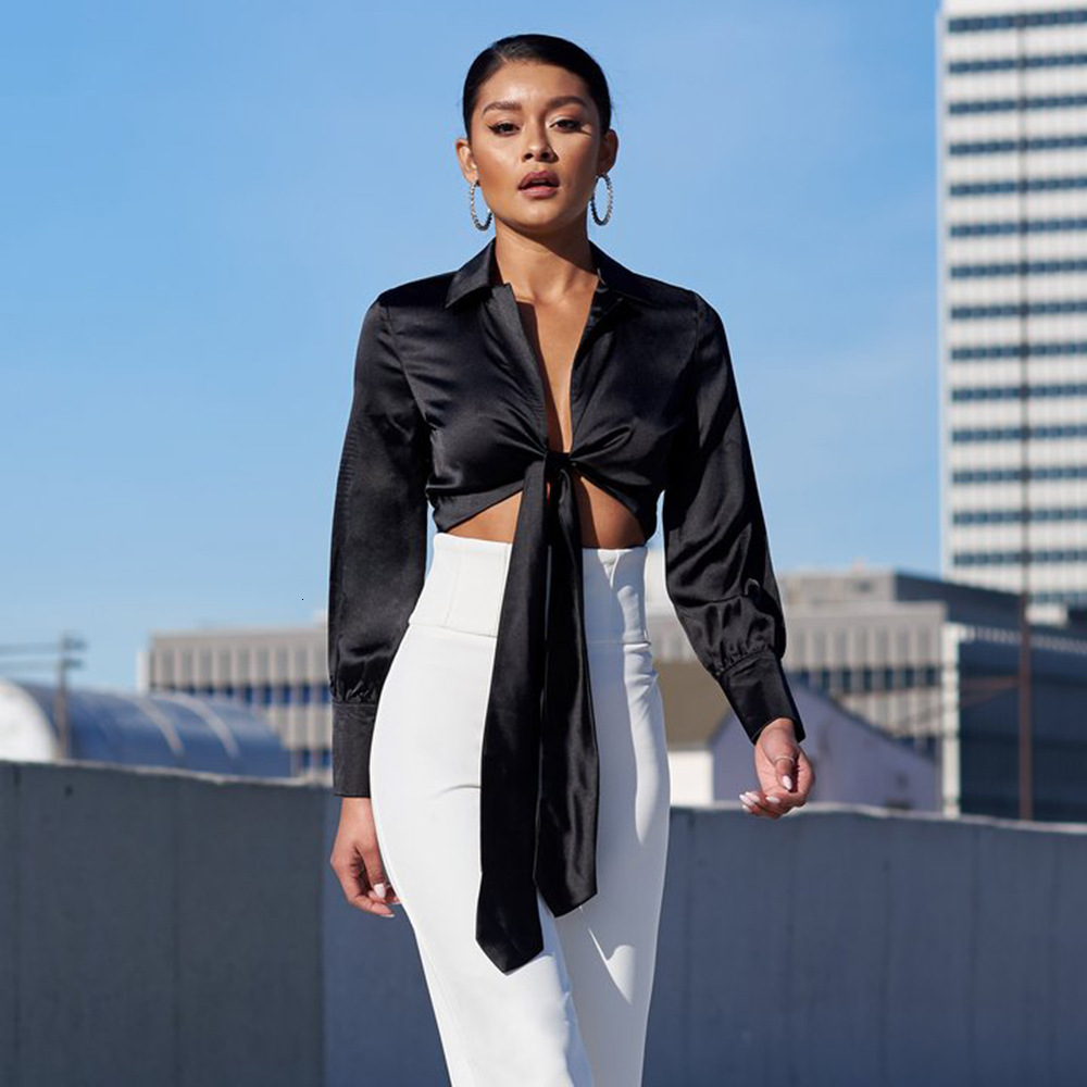 

2021 New Sexy Low V-neck Tie Knotting Crop Top Autumn Brand Satin Long Sleeve Casual Shirt Tops and Blouse Women Short Black Blusas Funp