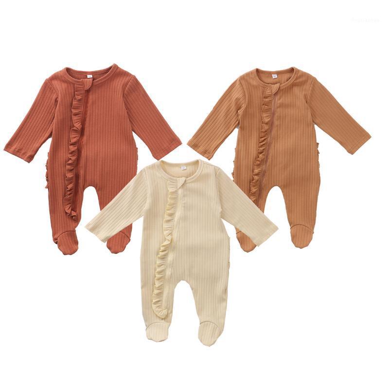 

Long Sleeve Newborn One-piece Rompers Footed Pajamas Cute Cotton Solid Casual Jumpsuit Ruffle Toddler Infant Nightclothes1, Khaki