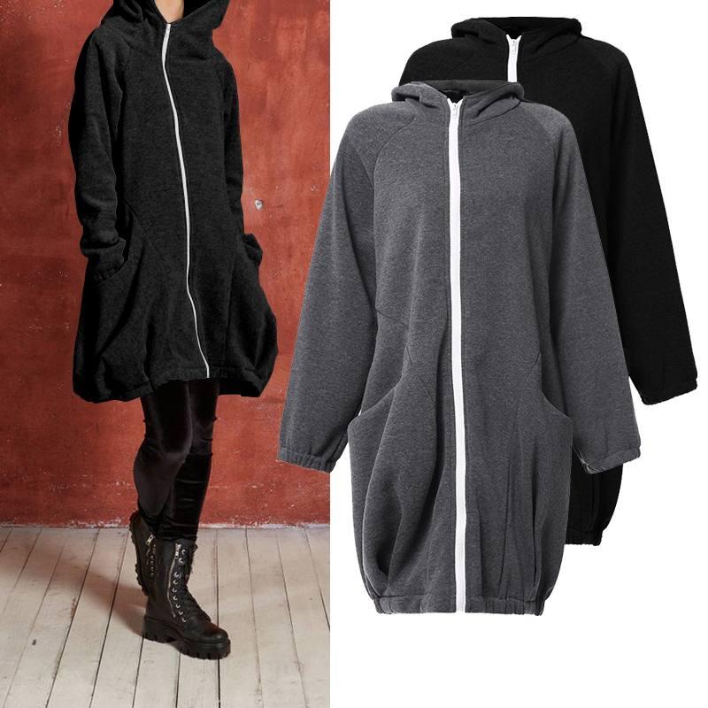 

Celmia Winter Coats Warm Women Long Sleeve Zipper Casual Autumn Jackets Fashion Loose Solid Hooded Coats Plus Size Overcoats 5XL, Gray