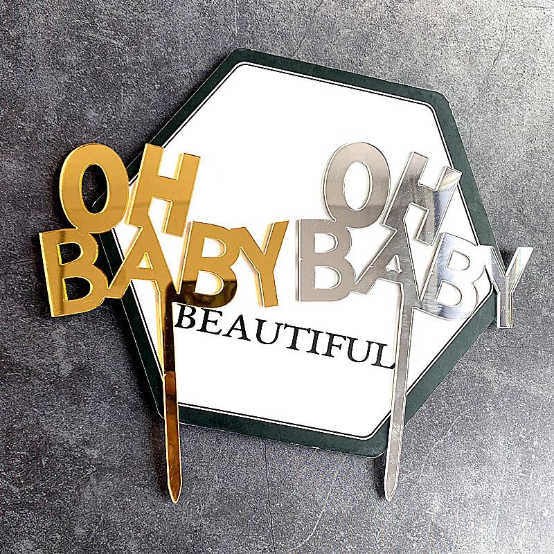 

INS New OH Baby Acrylic Cake Topper Gold Silver Mirror Wedding Cake Topper For Baby Shower Kids Birthday Party Decorations