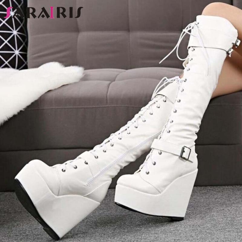 

SARAIRIS Big Size 35-43 Ladies Cross Tied Boots Knee High Boots Women High Platform Wedges Heels Zip Buckle Shoes Woman, White