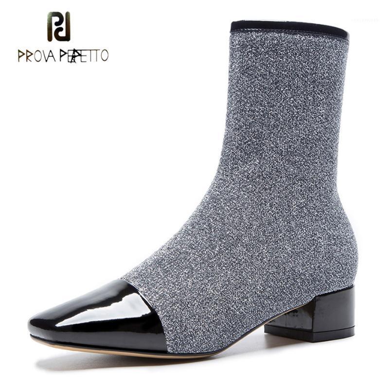 

Prova Perfetto Sliver Black Sequined Cloth Ankle Boots Women Patent Leather Patchwork Square Toe Med Heel Stretch Short Boots1